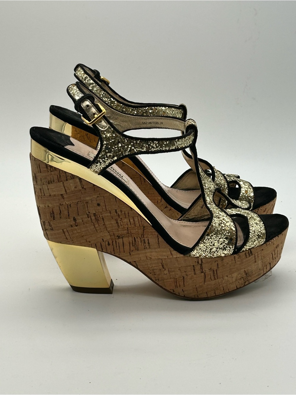 Miu Miu Gold Glitter Cork Platform Wedge Sandals size 39